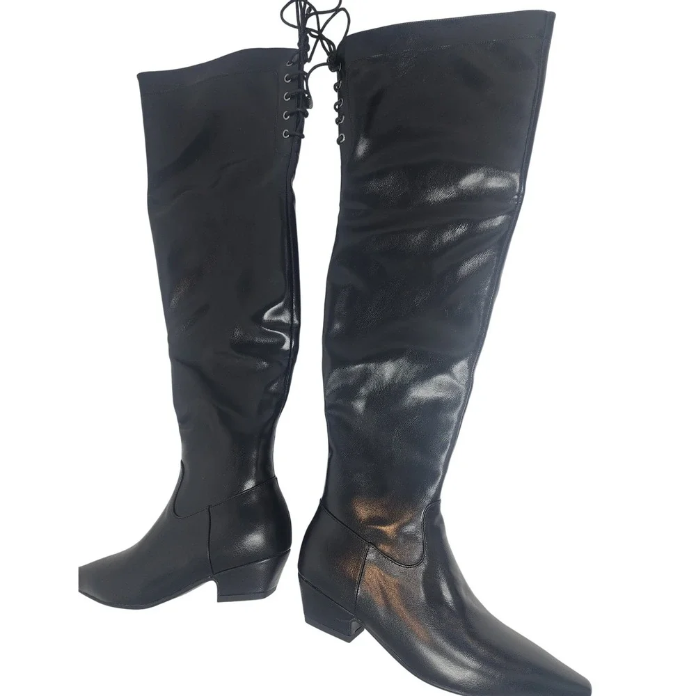 Black Faux Leather Pointed Toe Over The‎ Knee Boots Lace Up Side Zip Size 6